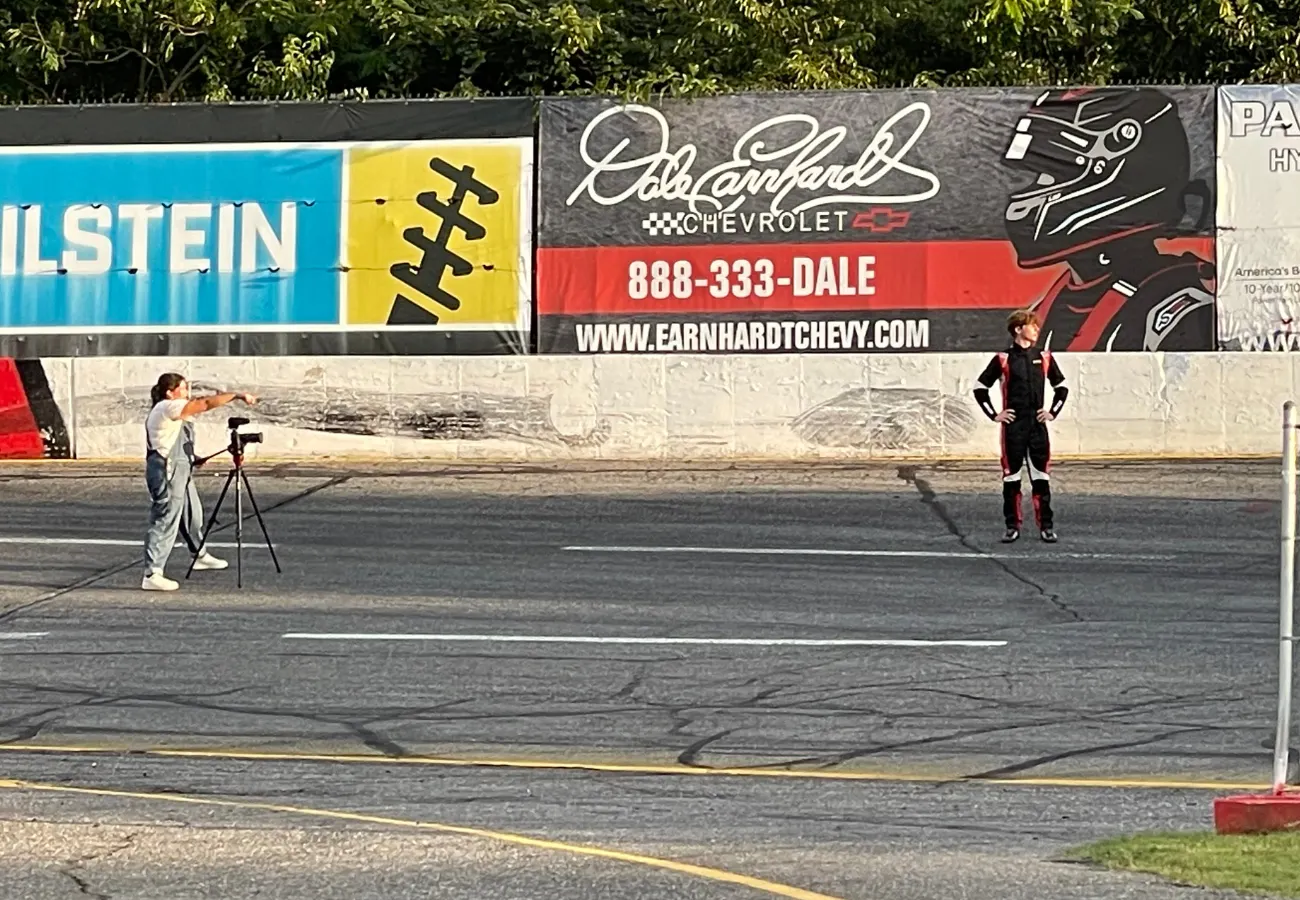 Kaeden Ballos on set for a Balance of Nature commercial—track prep.