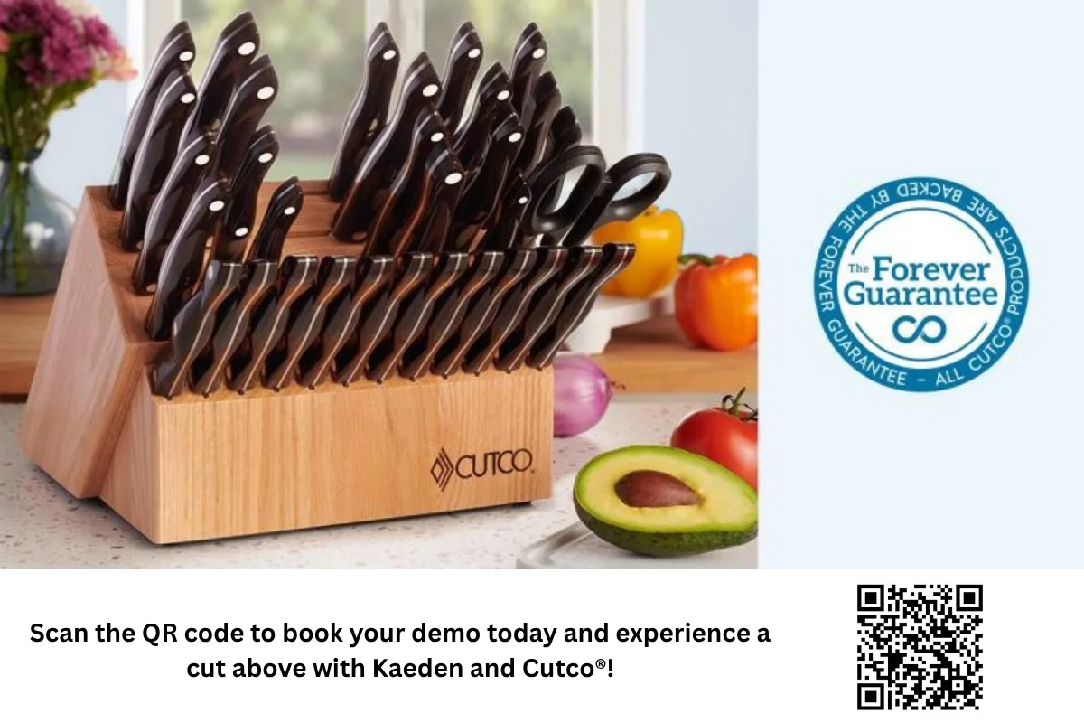 Cutco kitchen knife set with Forever Guarantee badge on counter.
