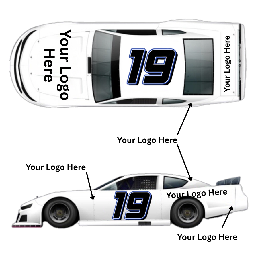 Car diagram showing primary sponsor hood/quarter placements on Kaeden’s #19 Late Model.