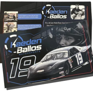 Front of Kaeden Ballos Motorsports #19 hero card with late model stock car and driver portrait
